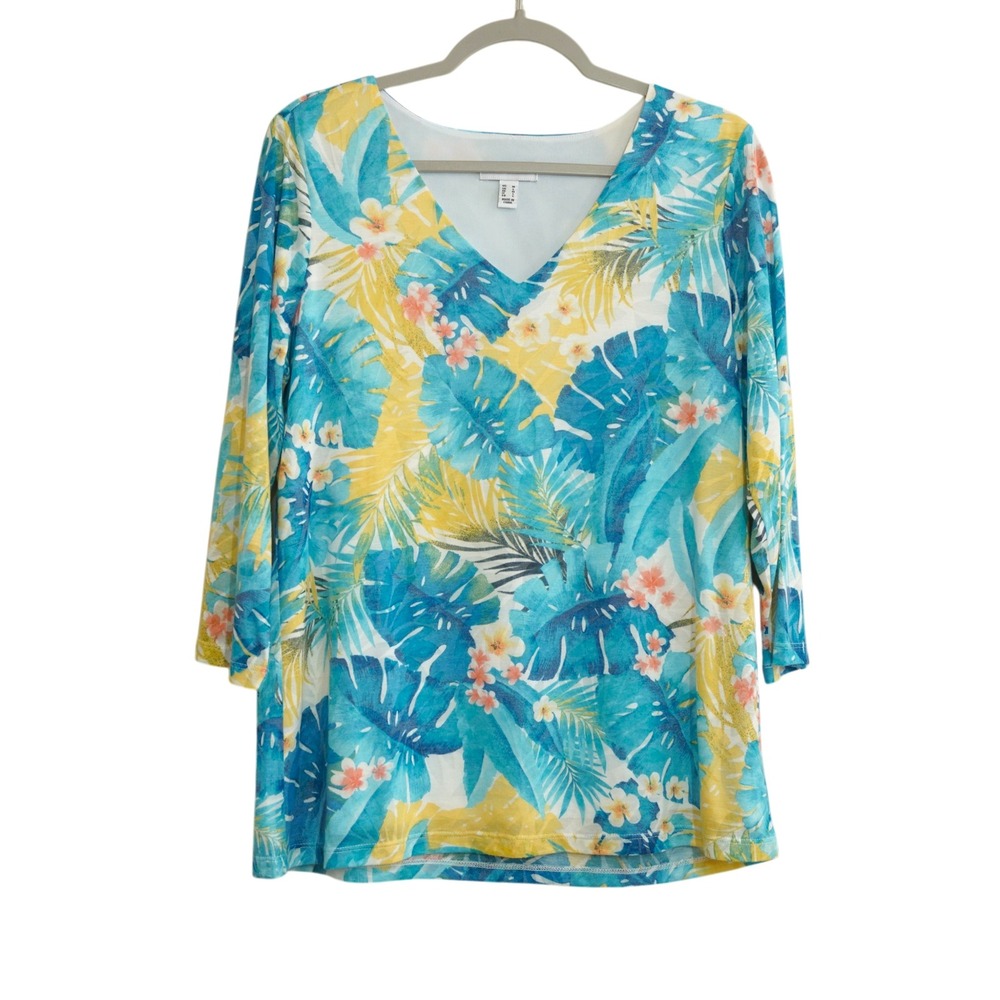 Susan Graver Tropical Palm Floral‎ V-Neck 3/4 Sleeve Top Blue Yellow Medium